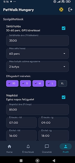 kutyasétaltató és szitter beállítások